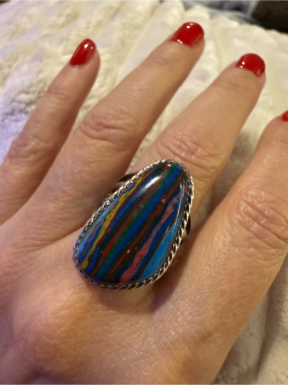 Running Bear Sterling Silver Rainbow Calsilica Statment Ring Sz 8.5 Southwestern